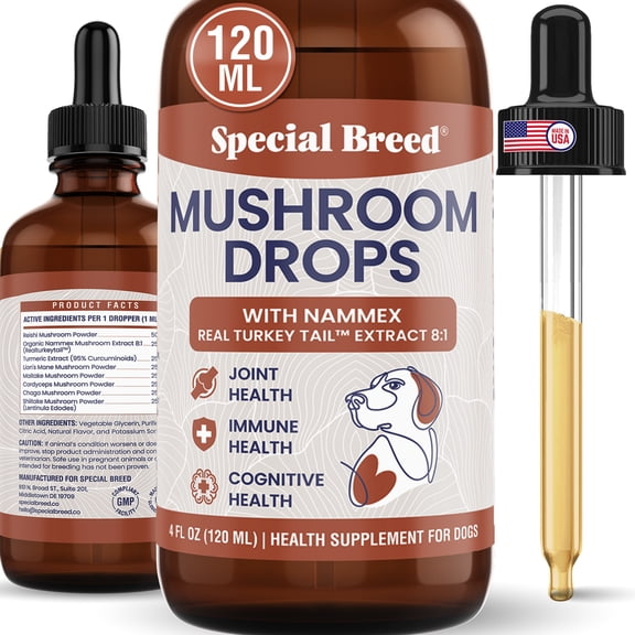 Turkey Tail Mushroom for Dogs - Liquid Mushroom Supplement with Nammex Real Turkey Tail 8:1 - Immune Gut Joint Cognitive Support - Reishi Lion’s Mane Cordyceps Chaga - 120 Servings