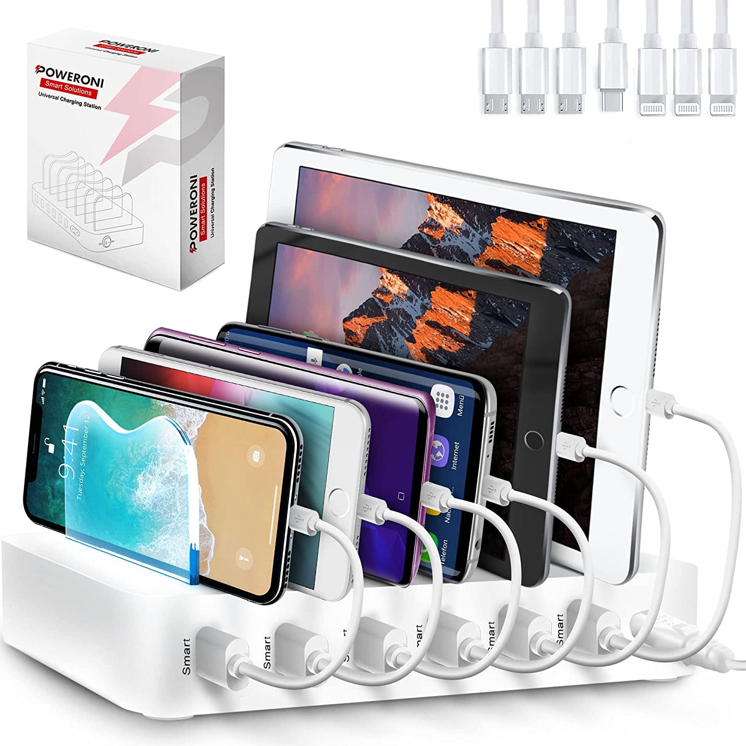 Kondensere Energize Bore Poweroni USB Charging Station Dock - 6-Port - Fast Charge Docking Station  for Multiple Devices - Multi Device Charger Organizer - Compatible with  iPad iPhone and Android Cell Phone and Tablet - White - Walmart.com