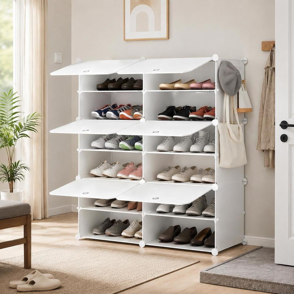 Shoe Storage Cabinet 6-Tier Modular Stackable Plastic Shoe Rack Organizer with Doors Side Hooks Holds 32 Pairs for Entryway