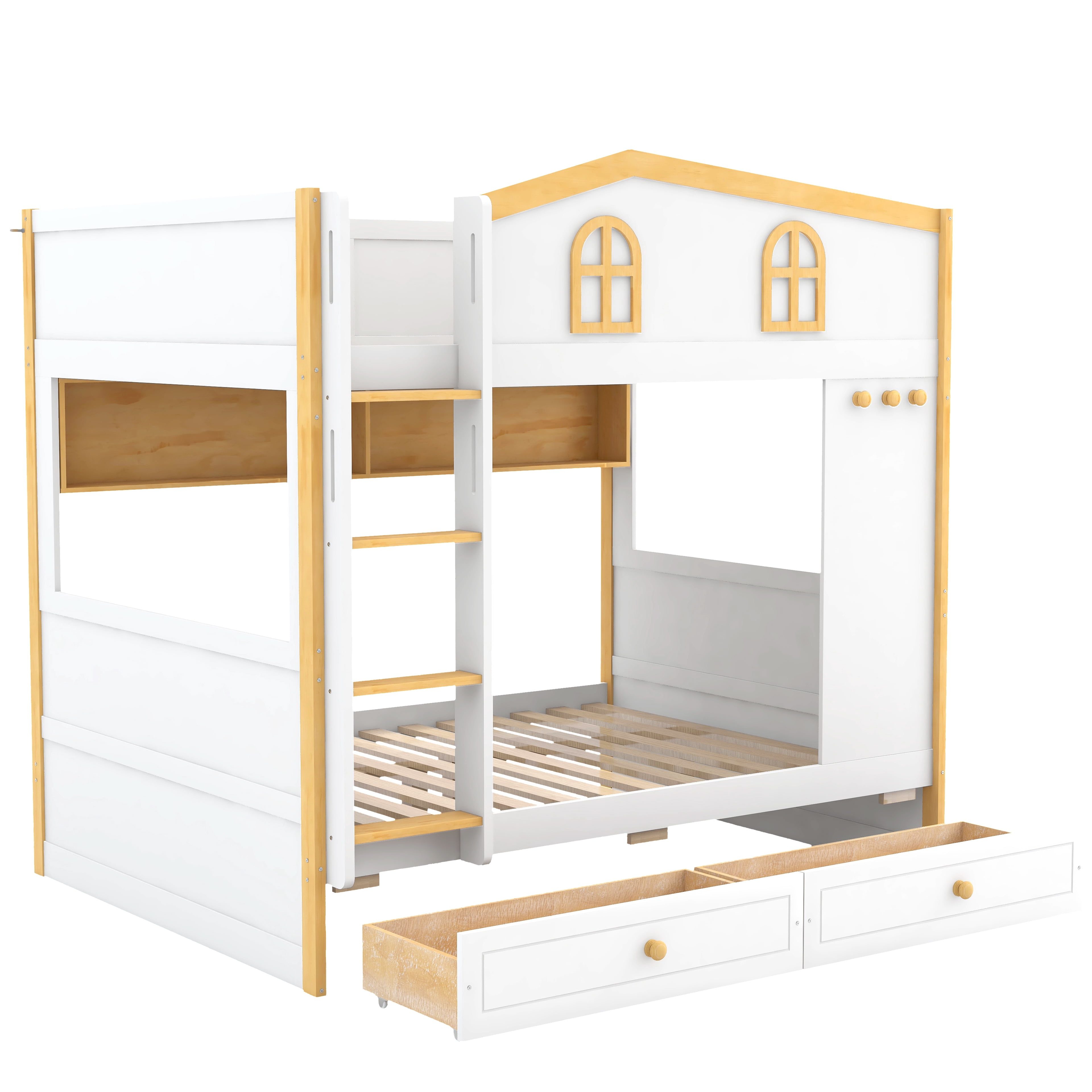 Euroco Wood Full over Full Bunk Bed with Shelves and Drawers, House Bed with Guardrails, White