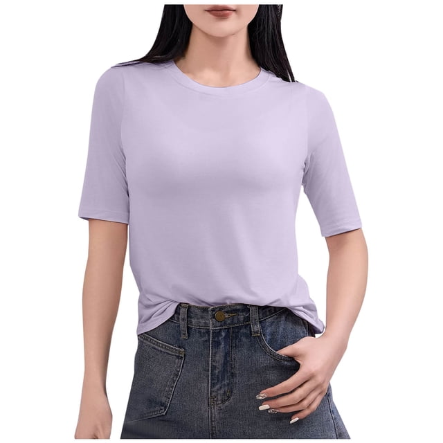 Tops de Manga Corta de Mujer Casual, Color Sólido Manga 1/2, Camiseta de Cuello Redondo
