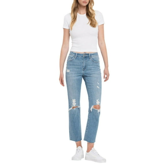Flying Monkey - High Rise Distressed Slim Straight Cropped Jeans with Raw Hem (26 1/4" Inseam) - Y3118