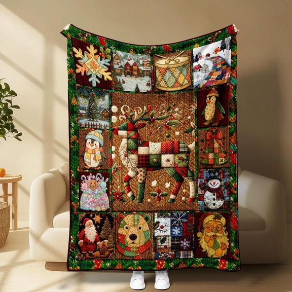 [Angel's Bazaar] [60x50inch] Festive Christmas Quilt Blanket with Reindeer, Santa, Snowman Patterns, Warm Soft Sofa Bed Office Travel Decor Gift