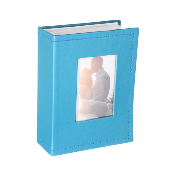 Uxcell Small Photo Album, 6.5x4.9" PU Leather Picture Book with Front Window, Each 50-Page Album Holds 4x6" 100 Photos for Wedding Anniversaries, Family Travel Memories, Blue