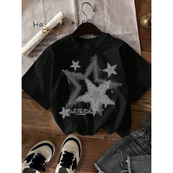 Wo Casual Graphic Star Print Crewneck Vintage Grunge Y2k Cotton Men's Women's Unisex T-Shirt