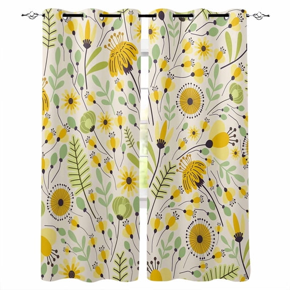 Abstract Botanical Black Out Curtains 72 Inch Long, Light Blocking Drapes with Black Liner, Vintage Yellow Green Flower Leaf Plant Thermal Blackout Curtains for Bedroom Living Room 52"x72" 2 Panels