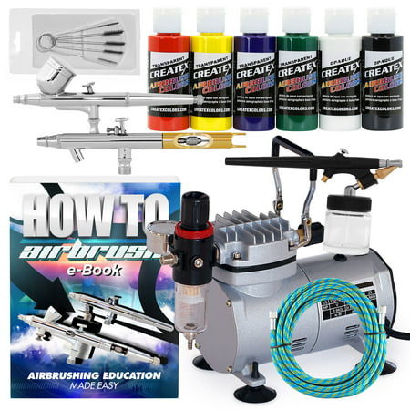 PointZero Multi-purpose 3 Airbrush Kit w/ Compressor and Createx Colors Set of 6 (Best Paint For Airbrushing Models)