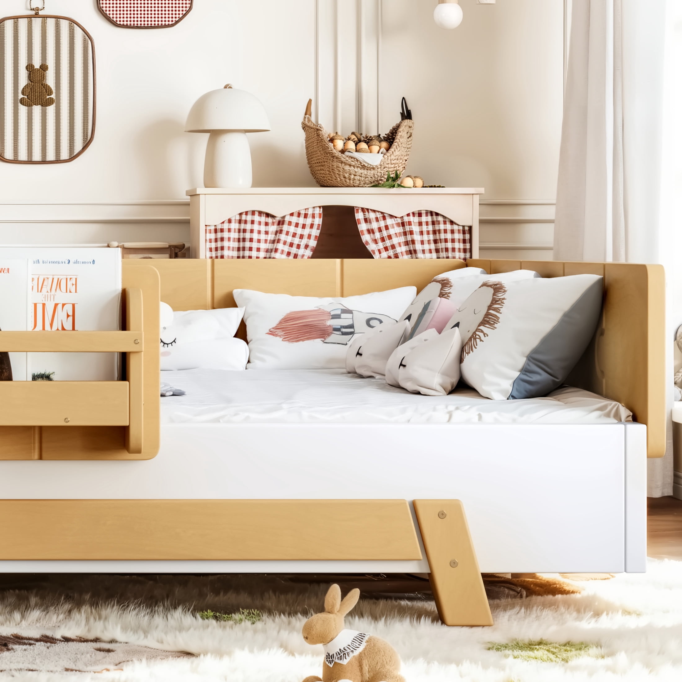 GDF Studio Full Size Montessori Floor Bed with Guardrails & Bookshelves, Building Block Design, White+Natural