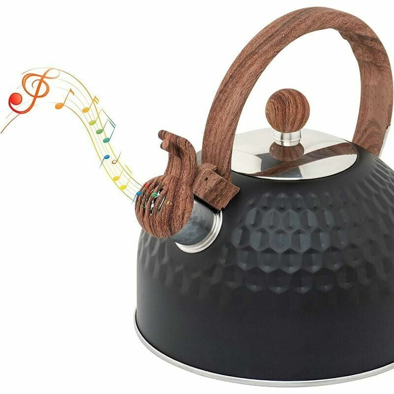 Induction Whistling Kettle 2.5L Black Kettle with Heat Resistant Wooden Handle Vintage Stainless Steel for Induction Cookers Gas Stoves Wood Stoves