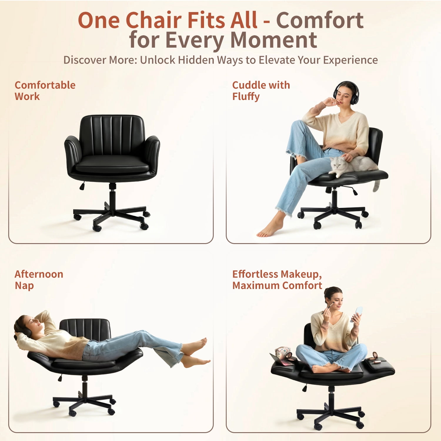 BOSSIN Black Criss Cross Chair with Armrests & Wheels,Foldable Armrest PU Leather Vanity Chair – Thickened Swivel Office Desk Chair for Home, Makeup Room & Bedroom