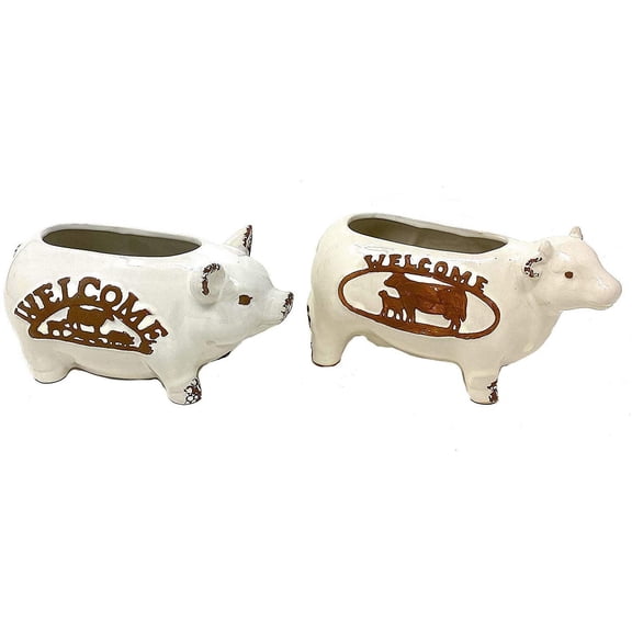 Cow Pig Welcome Planters Set Figurines Ceramic Sculpture Indoor Outdoor 7" x 4"
