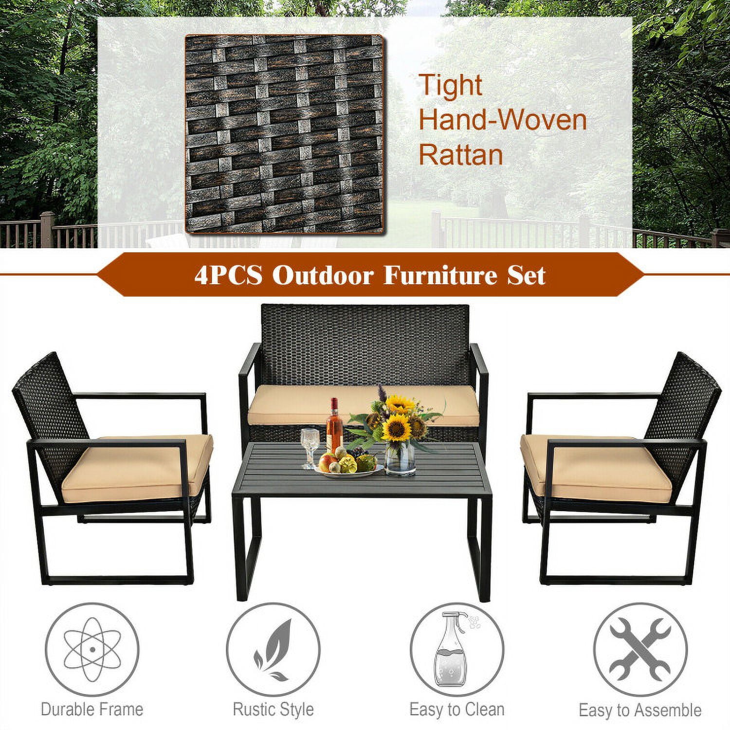 Aimee Lii 4 Pieces Wicker Patio Furniture Set, Cushioned Sofa, Small Patio Set with Square Tea Table Aimee Lii 4 Pieces Wicker Patio Furniture Set, Cushioned Sofa, Small Patio Set with Square Tea Table