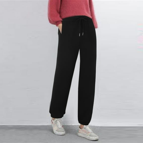 Lroveb Fleece Lined Sweatpants for Women, High Waisted Jogger Pants, Womens Solid Sweatpants Pockets Sporty Gym Athletic Fit Pants Lounge Trousers Black
