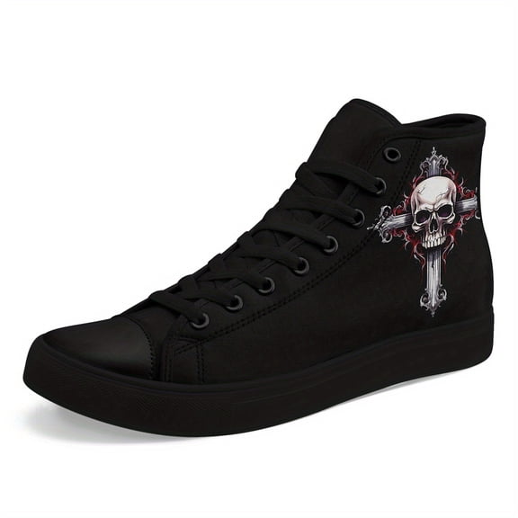 Coolcustomize Men's Gothic High-Top Sneakers - Black with Red & White Skull Design, Lace-Up Casual Shoes for Streetwear, Gothic Fashion Footwear, Streetwear Footwear, Stylish Laceups, Casual Boots
