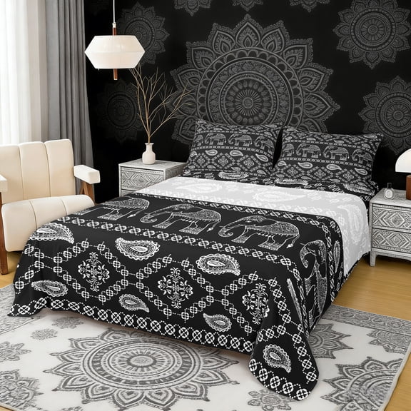 Erosebridal Bohemian Black Paisley Full Size Sheets, Hippie Elephant Bed Sheets, 4pcs 1 Flat Sheet, 1 Fitted Sheet and 2 Pillowcases