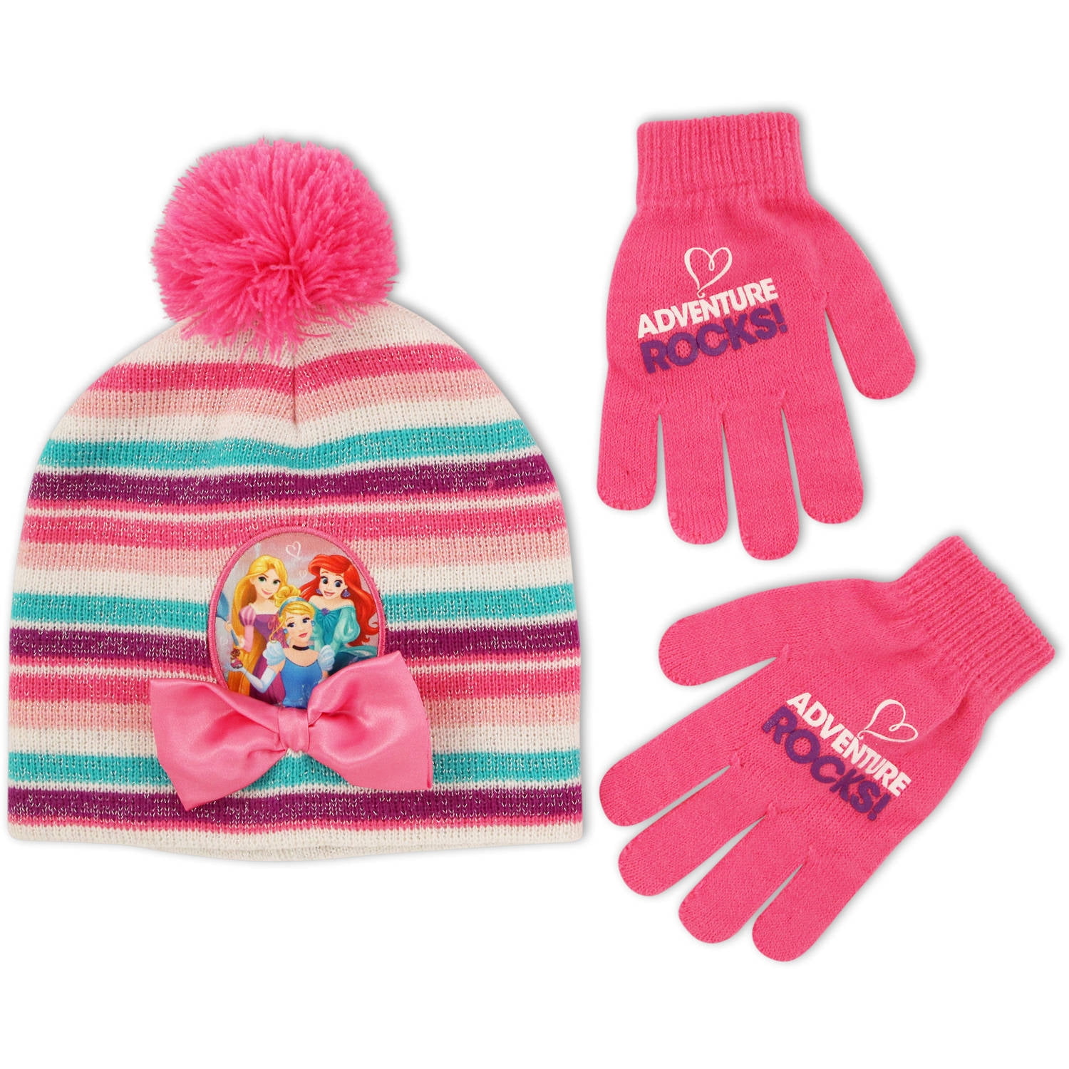 Girls Princess Pink Knitted Beanie Hat Glove Scarf Set Pink 3-6 Years