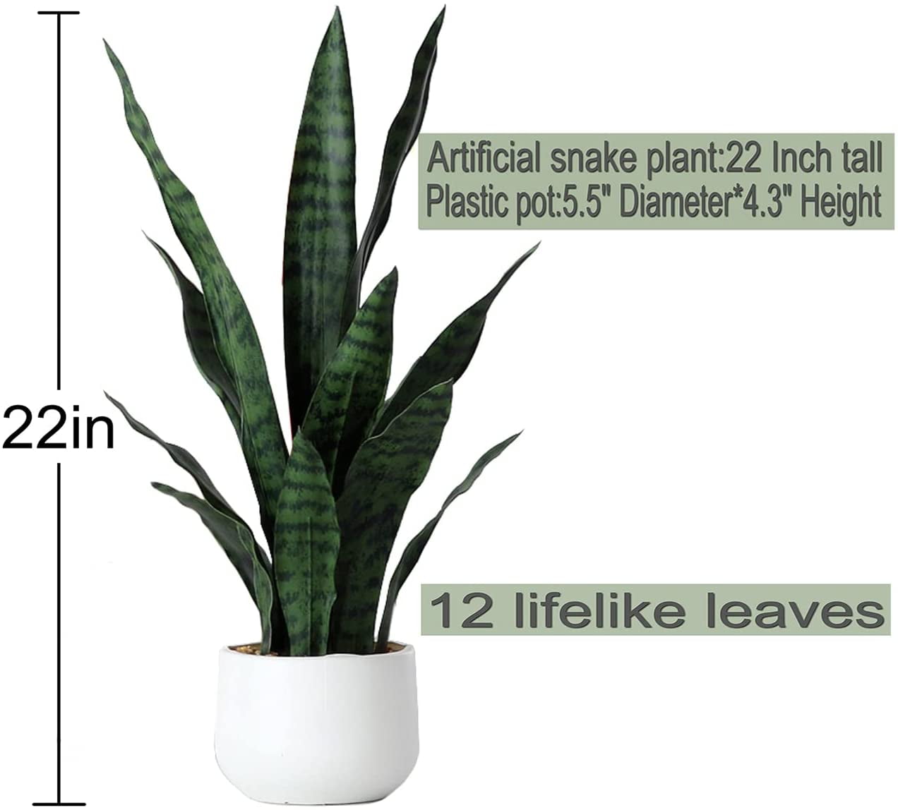 Artificial Snake Plant 22 Inch Fake Sansevieria Fake Agave Potted Plants Plastic Greenery for Home Garden Office Store Decoration 12 Leaves (Green)