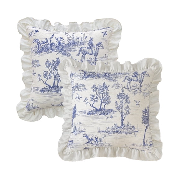 GLORY SEASON Throw Pillow Covers Set of 2 French Village Printed Linen Fabric Square Pillow Cases Retro Ruffle Flounces Trim 18 x 18 In