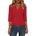 thumbnail image 6 of ClodeEU Women's Summer V Neck 3/4 Sleeve Pullover Top with Pleated, Casual T-Shirt Blouse Red,Womens Plus S, 6 of 8
