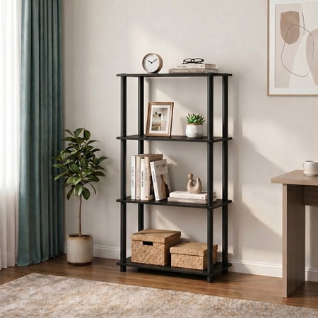 Furinno TURN-N-TUBE Storage Shelves, 4-Tier Book Shelf, Corner Shelf, Toolless Open Shelves, for Organization and Storage, Living Room, Bedroom, Entryway, Laundry, Dark Mocha