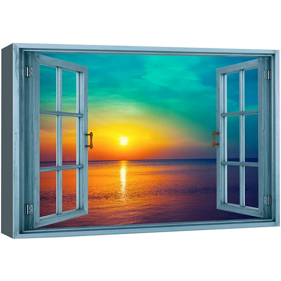 wall26 Canvas Print Wall Art Window View Teal Orange Sunset Over Tropical Ocean Wilderness Nature Photography Realism Scenic Landscape Colorful Multicolor for Living Room, Bedroom, Office - 32"x