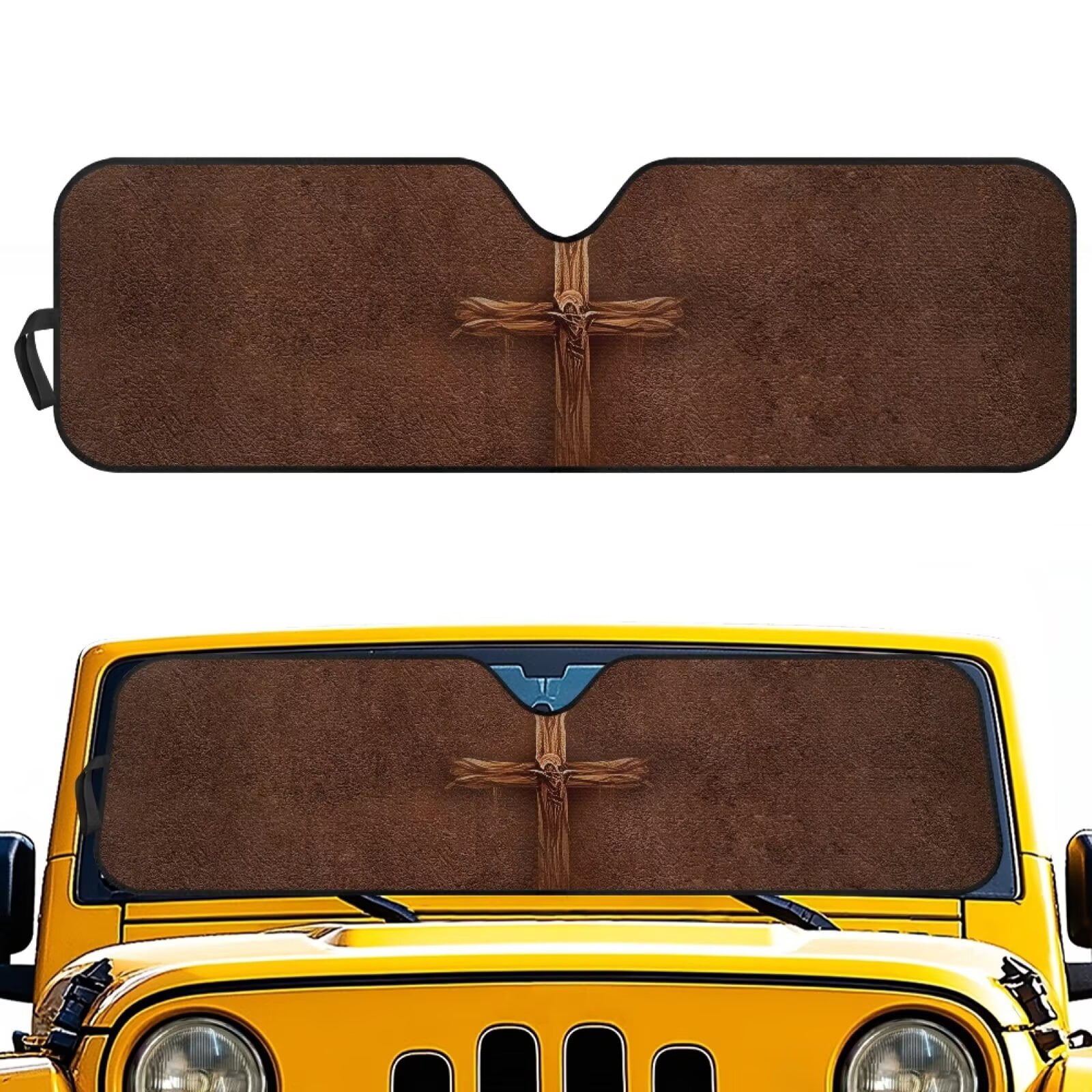 Uorisanigo Windshield Sun Shade Compatible with Jeep Wrangler TJ JK JL & Gladiator JT, Brown Cross Print Sunshades Heat Shield, Aluminum Foil Car Sun Shade for Front Window, UV Ray Reflector