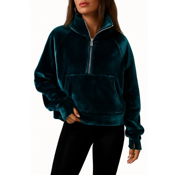 Womens Velour Sweatshirts Quarter Zip Long Sleeve Comfy Casual Pullover Tops 2025 Fall Trendy Y2K Clothes