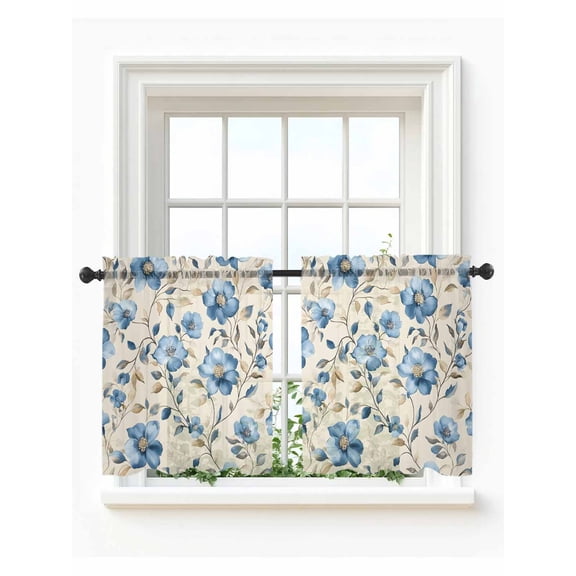 Flower Floral Tier Curtains 24 Inch Length,Sheer Curtains for Bedroom Living Room,Watercolor Blue Brown Plant Leaf Branch Rod Pocket Voile Drapes Kitchen Curtains for Small Window 27.5"x24" 2 Panels