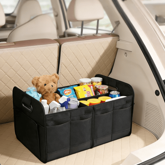 Car Trunk Organizer, Vehicle Boot Storage Bag, Super Capacity Seatback Collapsible Adjustable Compartment Reinforced Handles Trunk Tidy Cargo Organiser for Sedan SUV RV ORV