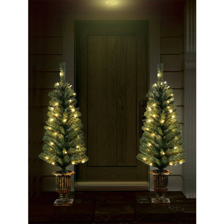 Holiday Time Christmas Decor Pre-Lit 2-Pack 3.5' Artificial Porch Tree ...