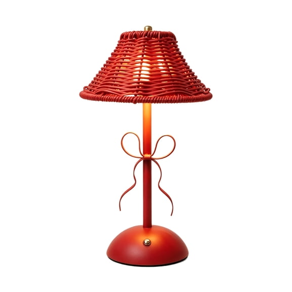 YAMB Vintage Woven Shade LED Table Lamp, 12" Cordless Rechargeable Rattan Desk Lamp with Bow Decor, Portable Soft Warm Nightstand Light for Bedroom Holiday Decor & Christmas Gift Layout