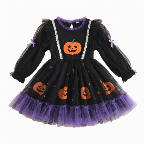WXFAZCVU Girls Dress Halloween Pumpkin Pattern Dress Long Sleeve Purple Dress Party Gown Size 4-5 Years