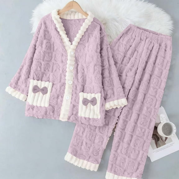 Women's Winter Fleece Pajama Set with Button Cardigan Long Top and Pants with Pockets