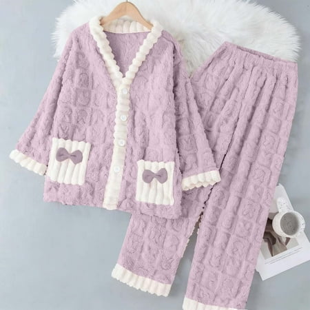 YUNAFFT Cozy Jacquard Button Front Loungewear Set with Pocket Long Sleeve Top and Pants for Women Winter Sleepwear Pajama