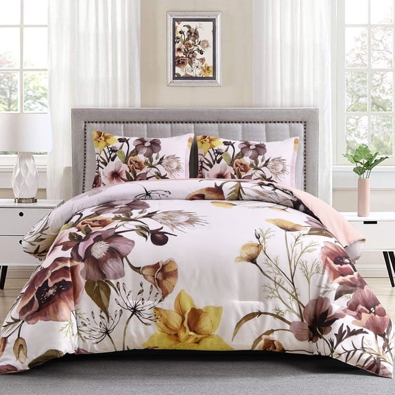 Floral Comforter Set Queen Size,3 Pcs Pink Flowers Microfiber Bedding Set Adult(90"x90")