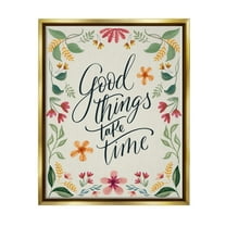 Stupell Industries Good Things Take Time Phrase Botanical & Floral Painting Gold Floater Framed Canvas Art Print Wall Art, 25 x 31