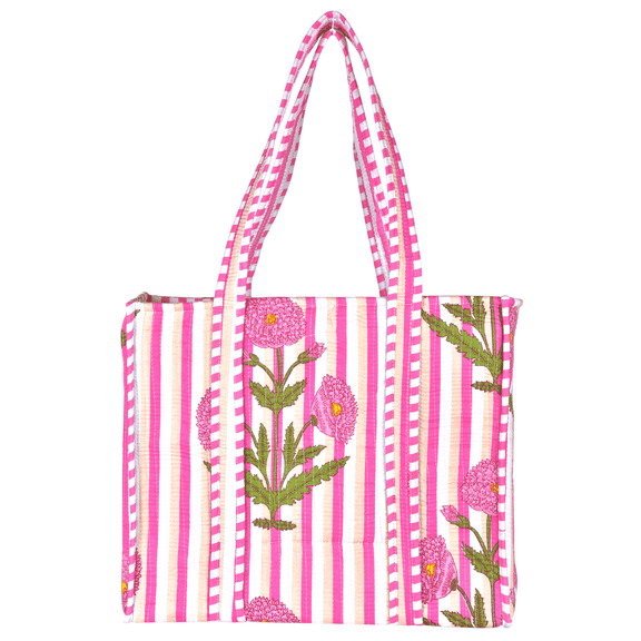 Vivanta Block Print Cotton Quilted Tote Bag, Large, Pink Floral, Handmade Reusable Cotton Shoulder Bag for Women, Shopping, Grocery, Travel, Work and Beach