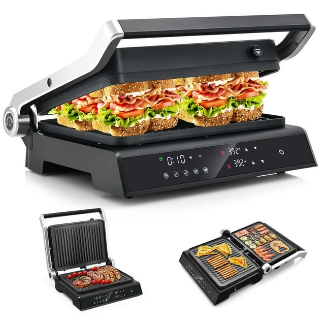 Costway Parrilla Eléctrica Panini 3 en 1,Diseño de Apertura a 180 Grados y 5 Modos de Cocinar,Sandwichera de 1200W con Placas Antiadherentes,Bandeja de Goteo Extraíble,Pantalla LED