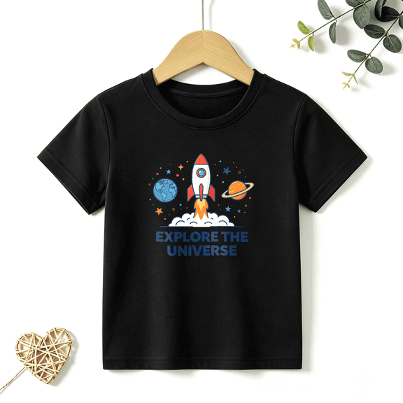 Girls Graphic Tees Rocket Space Universe Kids T Shirt Explore 100% Cotton Short Sleeve Soft Tops 4-13Y