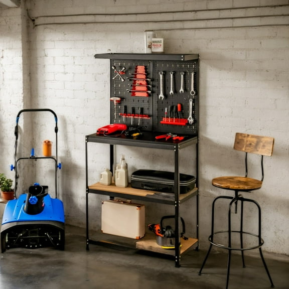Yardi Yarda Tool Storage Workbench with Peg Board 2 Lower Shelves 14 Hanging Accessories, Workbench for Outdoor as Yard, Black