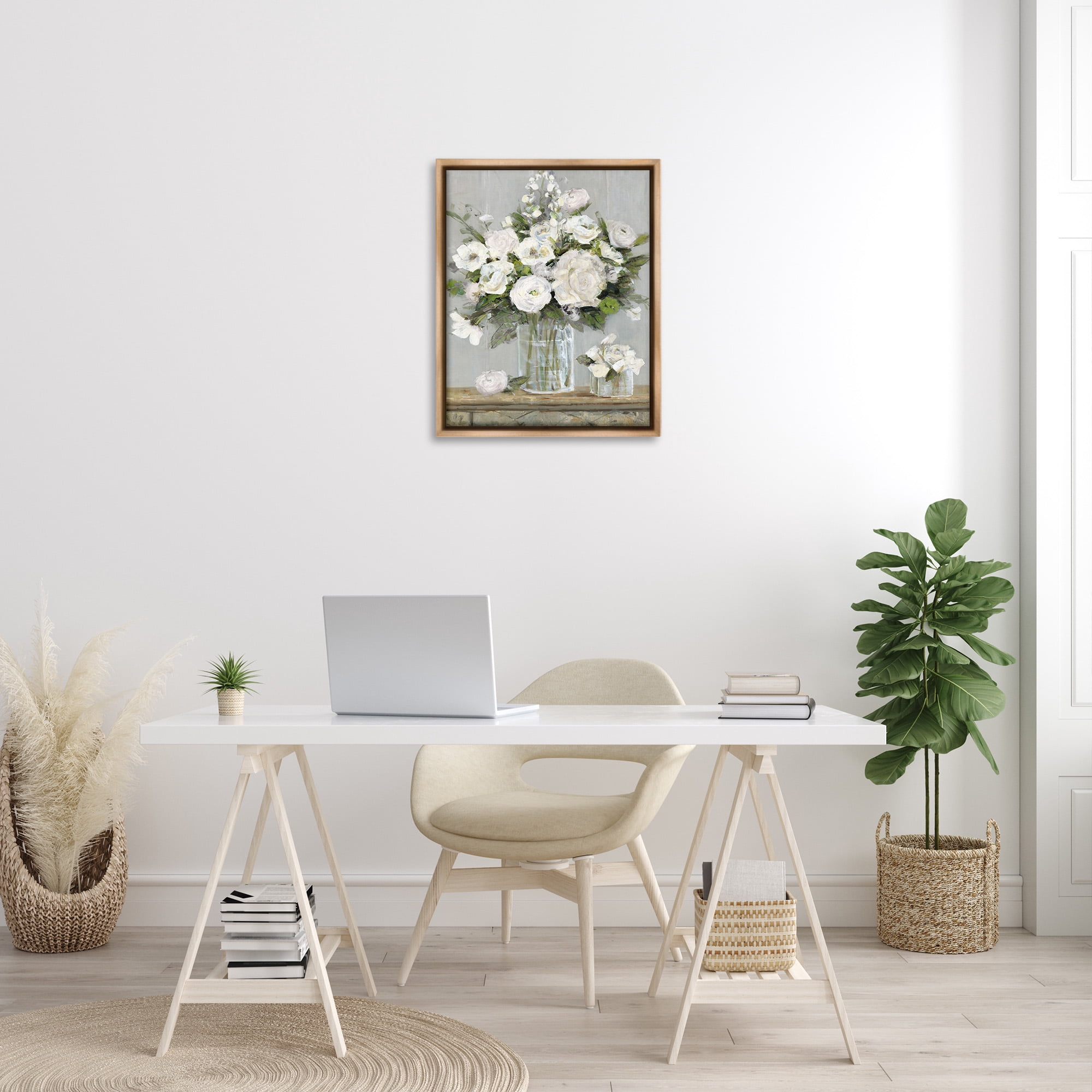 Stupell Industries Country White Full Blossoms Botanical & Floral Painting Brown Floater Framed Canvas Art Print Wall Art, 25 x 31