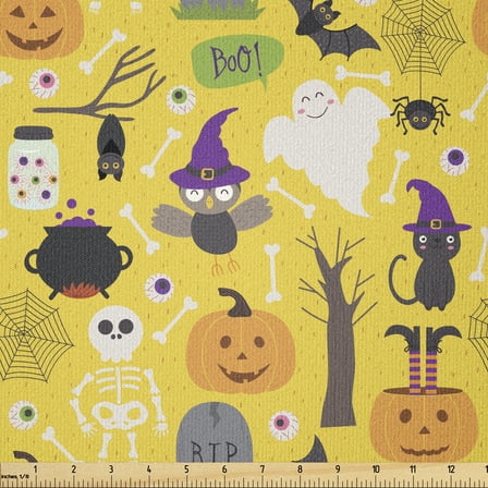 Ghost Fabric by The Yard, Colorful Pattern with Variety of Halloween Elements in Cartoon Style Fun Halloween, Stretch Knit Fabric for Clothing Sewing and Arts Crafts, 1 Yard, Yellow, by Ambesonne