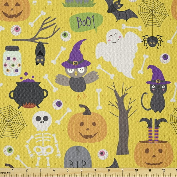 Ghost Fabric by The Yard, Colorful Pattern with Variety of Halloween Elements in Cartoon Style Fun Halloween, Stretch Knit Fabric for Clothing Sewing and Arts Crafts, 1 Yard, Yellow, by Ambesonne