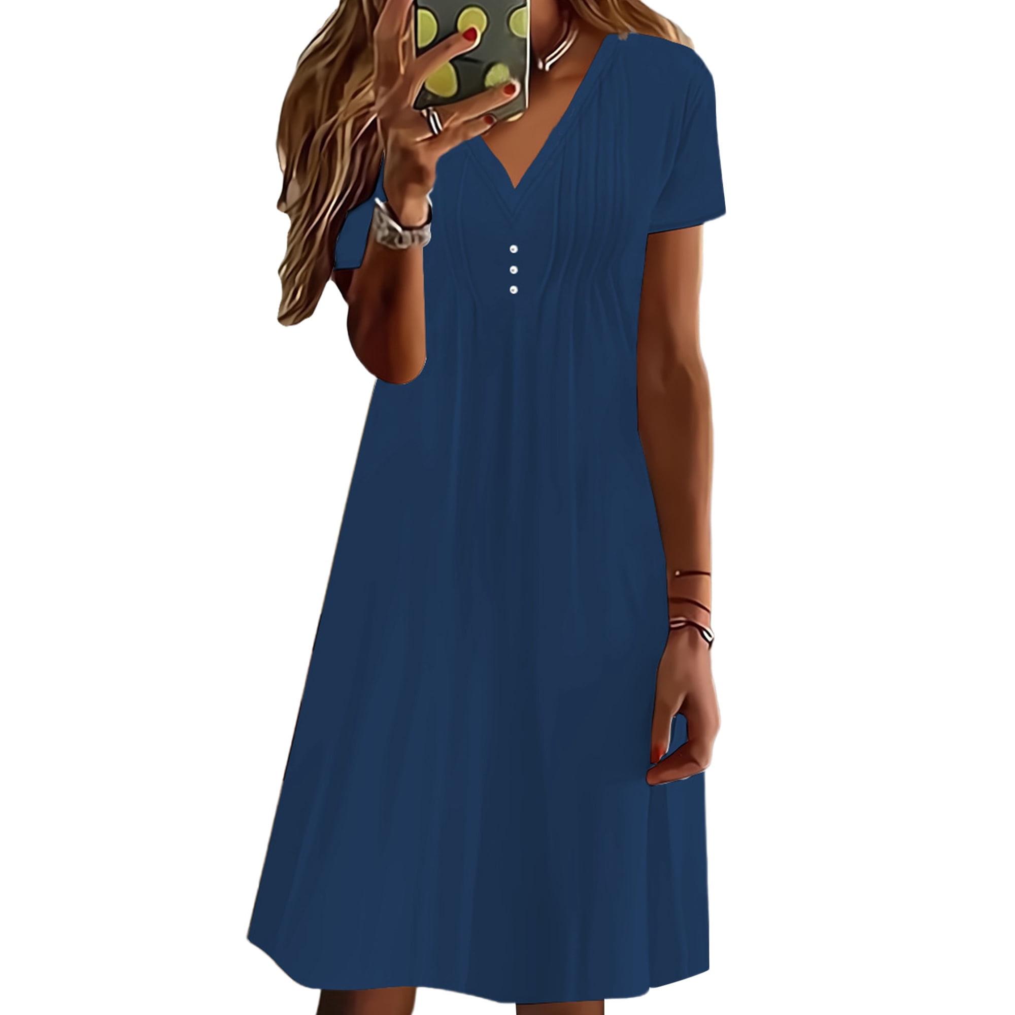 Fashnice Ladies Knee Length Dresses Short Sleeve Sundress Solid Color T Shirt Dress Casual Holiday Navy Blue 2XL Walmart