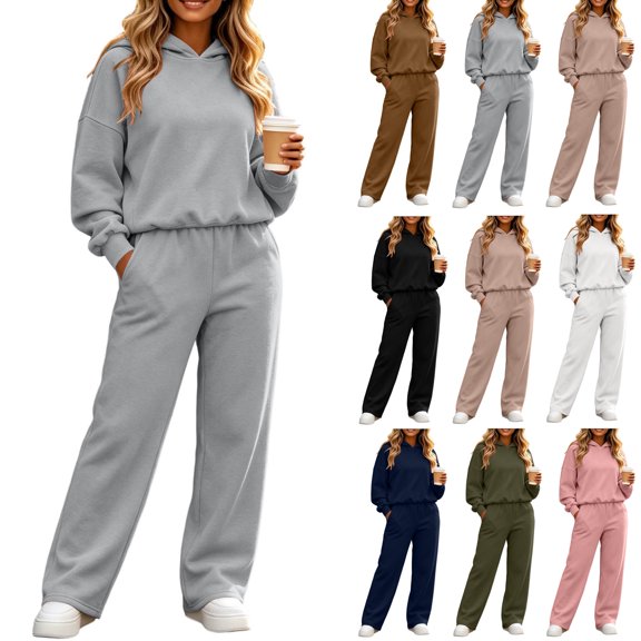 Wide Leg Sweatpants Sets for Women 2 Piece Outfit,Long sleeves Hoodie,High Waist Pants,with Pockets,Solid Color Casual Sets,Fall Tracksuit,Spring Casual Outfits