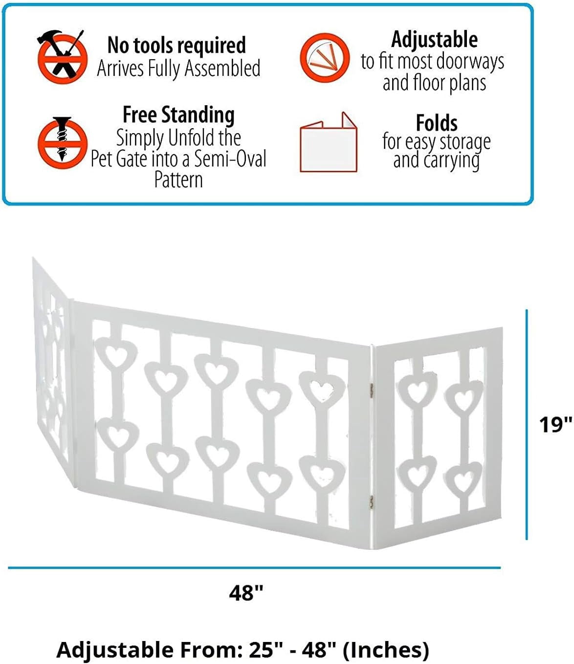 White Pet Gate - 3 Panel Wooden Hearts Design Dog Gate - Freestanding Tri Fold Durable Wood Dog Fence - Indoor/Outdoor Barrier for Stairs & Doorways