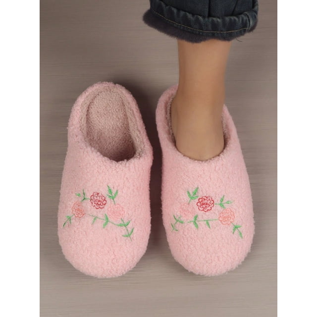 Women's Indoor House Slippers With Warm Plush, Floral Embroidery, Fashionable Design, Soft And Comfortable, Winter Bedroom Slippers