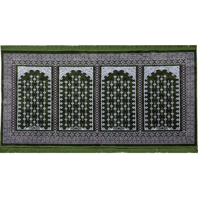 Modefa Turkish Islamic Prayer Rug - Multi Person Janamaz Sajada for Family or Large Gathering & Group Praying Carpet - Wide Plush Velvet Praying Mat (Green Arch - 4 Person)