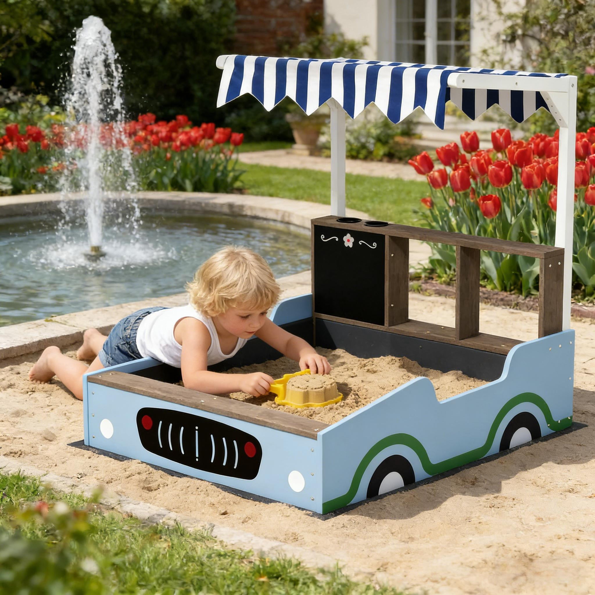 Kids Wooden Sandbox Grocery Store Play Station with UV Canopy, Drawing Board & Planting Boxes, Outdoor Fir Wood Sand Pit with Bench Seat for Ages 3-7