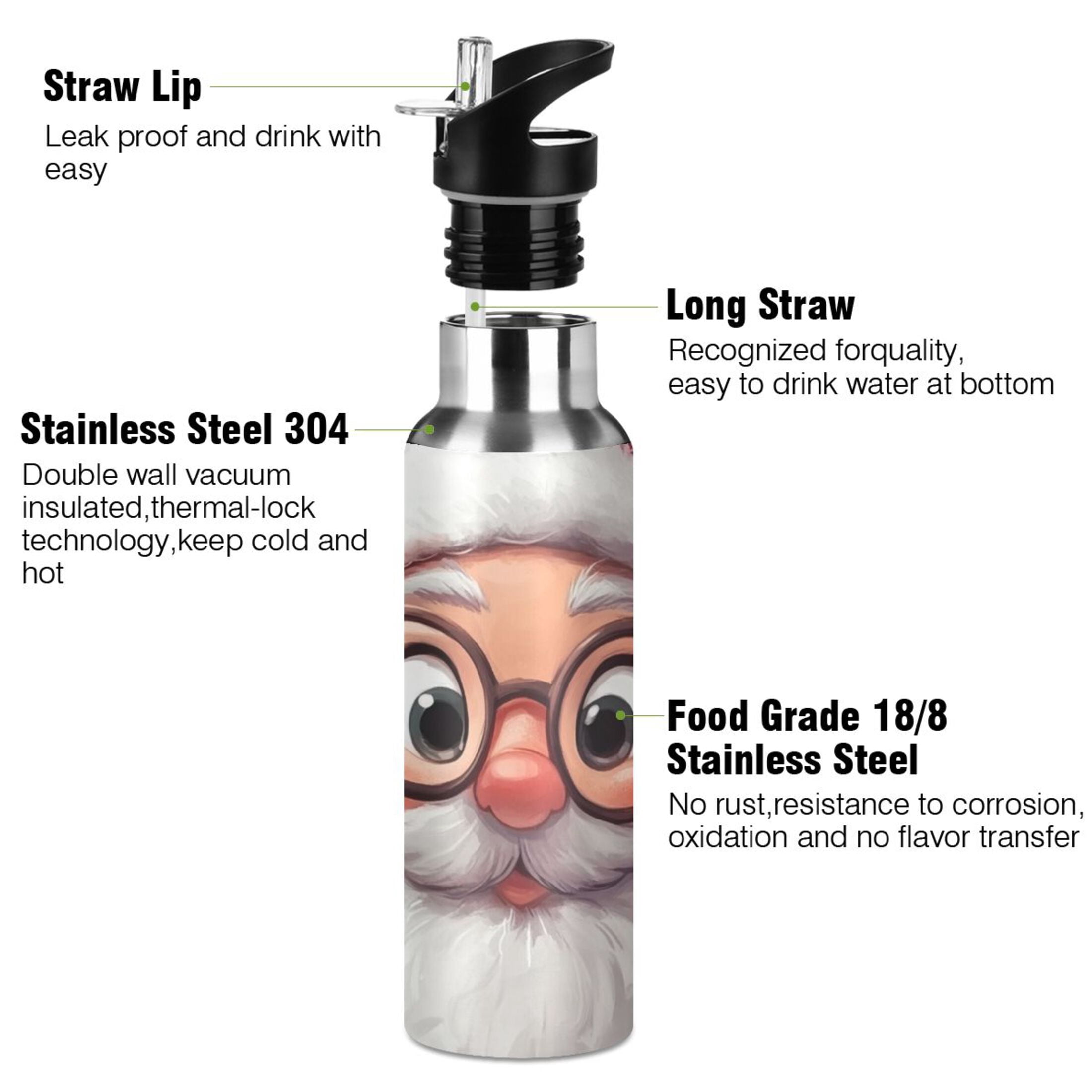 Cute Santa with Glasses Sports Bottle with Straw Stainless Steel Water Jug Portable Thermal Cup Leak-proof 1000ML